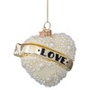 Vondels ornament glas Hart met parels wit met goud H8,5cm