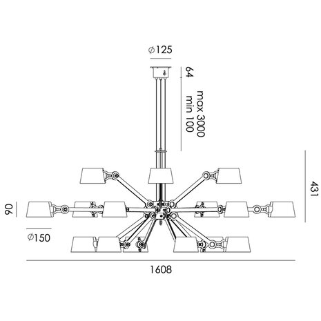 Tonone Bolt Chandelier 18 arm dimensions